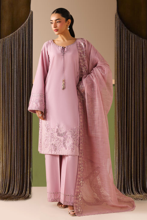 NAQSHI Alvin lilac cambric ready-to-wear outfit with embroidered straight shirt, culotte trousers, and cotton organza dupatta