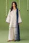 NAQSHI Kinza off-white ready-to-wear outfit with lawn straight shirt, cambric culotte trousers, and blue net dupatta