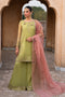Zaraan pistachio organza 3 piece semi formal festive dress with embroidered shirt, flared trousers and tea pink organza dupatta from NAQSHI Tabeer collection