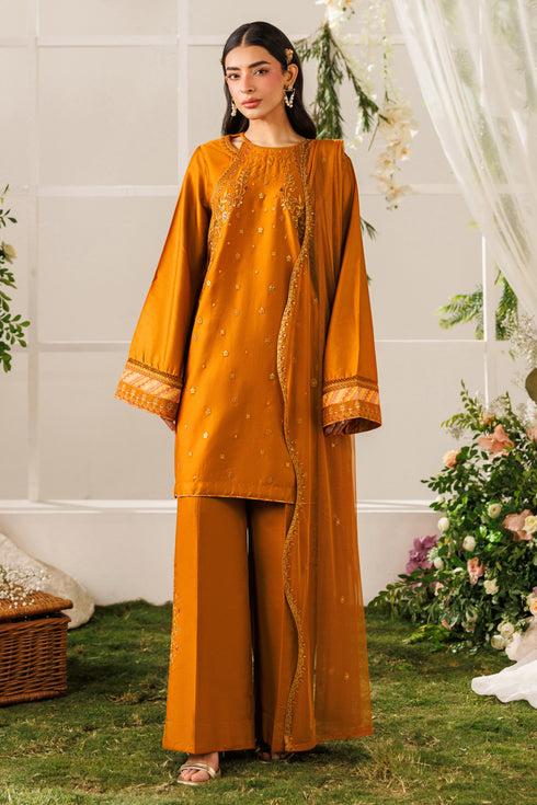 NAQSHI Mohib rust ready-to-wear casual outfit with cotton satin straight shirt, embroidered culotte trousers, and net dupatta
