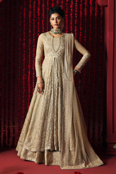 NAQSHI Saleha skin-tone net maxi dress with sequin embroidery, lace sleeves and tassel accents