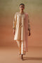 Faye light peach 3-piece ready-to-wear outfit with embroidered lawn shirt, cambric culotte trouser, and printed crinkle chiffon dupatta.