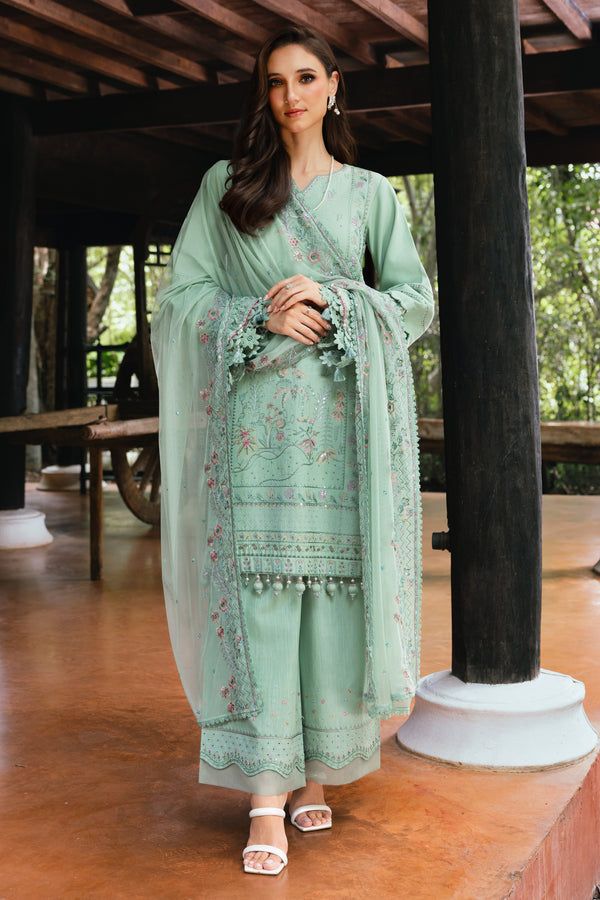 Sultana by NAQSHI full front view – aqua Khadar 3PC set with embroidered borders and elegant silhouette