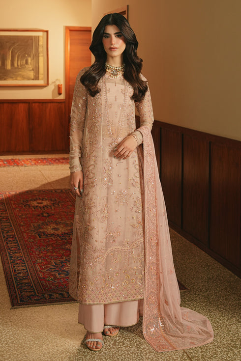 Lalic Dream embroidered organza long shirt by NAQSHI with bustier inner, floral adda work, culottes, and net dupatta for events.