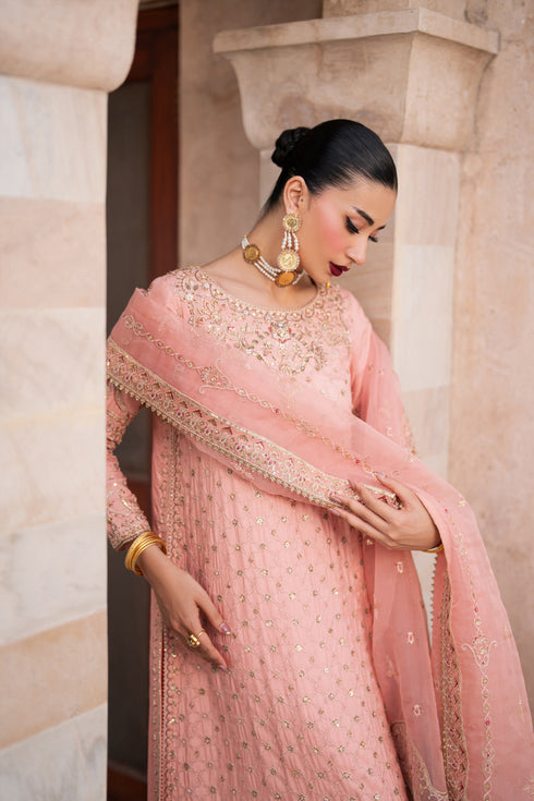 NAQSHI Gul-e-Rehaab side angle – showcasing peach sleeve and hem borders with delicate embroidery and sequin detail