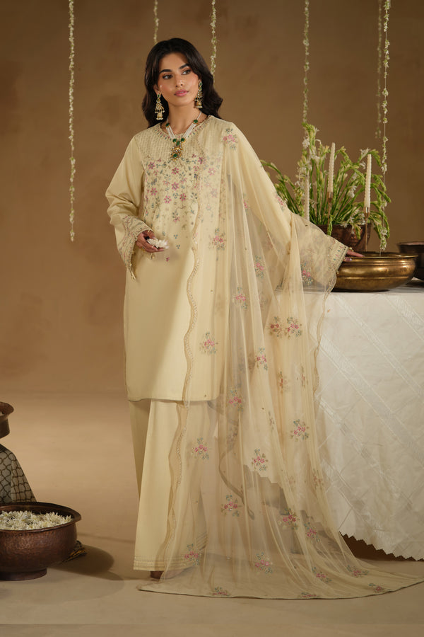 Arosel 3 piece ready to wear Eid outfit in beige Pima lawn shirt with all over jaal embroidery, cambric culotte trousers and embroidered net dupatta – full front look