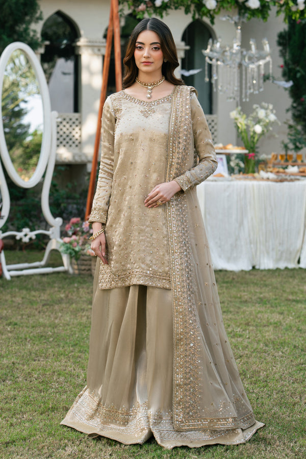 Orhaan dusty rose 3-piece formal outfit with tissue shirt, sharara, and net dupatta, elegant evening wear by NAQSHI