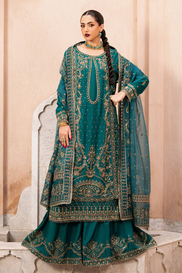NAQSHI Gul-e-Rimal front view in zinc green raw silk with intricate embroidery and sharara design