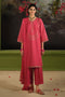 NAQSHI Kinara carrot pink three piece ready to wear outfit front view with embroidered Pima lawn shirt, cambric culotte trousers, and net dupatta with sequin spread
