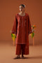 Ophelia rust 3-piece ready-to-wear outfit with embroidered lawn shirt, cambric culotte trouser, and printed crinkle chiffon dupatta.