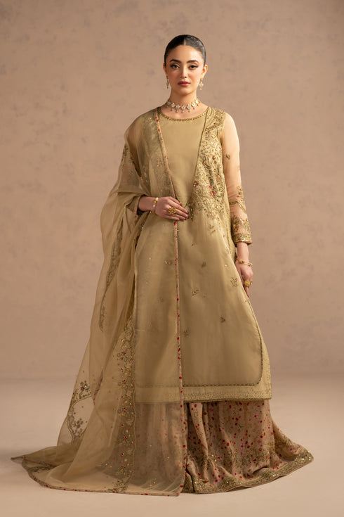 Lisa skin tone 3 piece luxury pret outfit with long organza shirt, printed PK raw silk sharara and embroidered organza dupatta, stitched formal occasion wear.