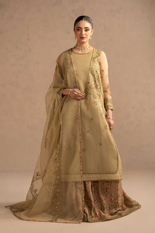 Lisa skin tone 3 piece luxury pret outfit with long organza shirt, printed PK raw silk sharara and embroidered organza dupatta, stitched formal occasion wear.
