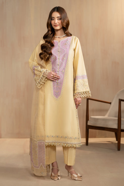 Nijah beige 3 piece embroidered lawn suit by NAQSHI, full front view long straight shirt with white thread embroidery, cambric culotte trousers and cotton organza dupatta, ready to wear summer outfit.