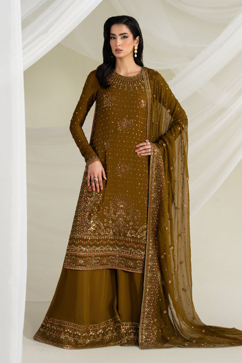 Deep brown embroidered formal 3 piece outfit with long flared shirt, PK raw silk trousers, and bordered dupatta, complete event wear look.