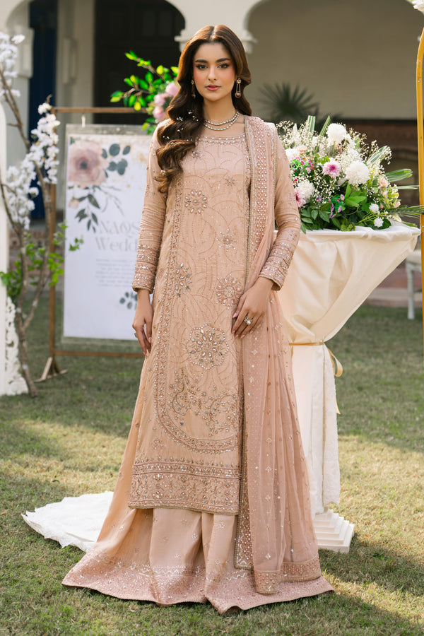 Talisa peach formal 3-piece outfit with raw silk shirt, sharara, and net dupatta, elegant wedding and evening wear by NAQSHI