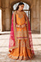 Mahzaeeb by NAQSHI full front view—rust orange Indian Raw Silk bridal 4PC set with double-layer shirt, sharara and dupatta