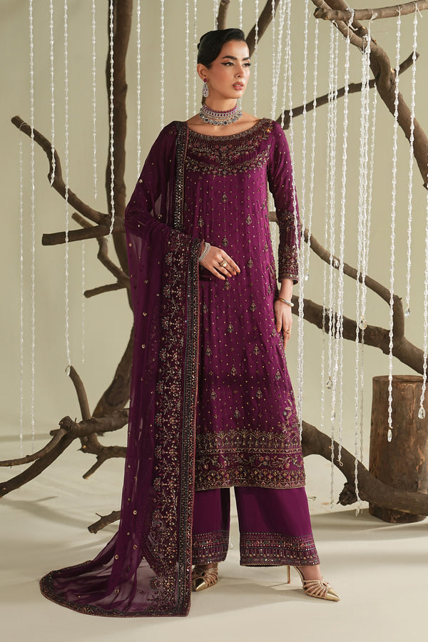 Deep plum embroidered formal long shirt with culotte and dupatta, full front view, elegant ready-to-wear outfit for weddings and evening events.