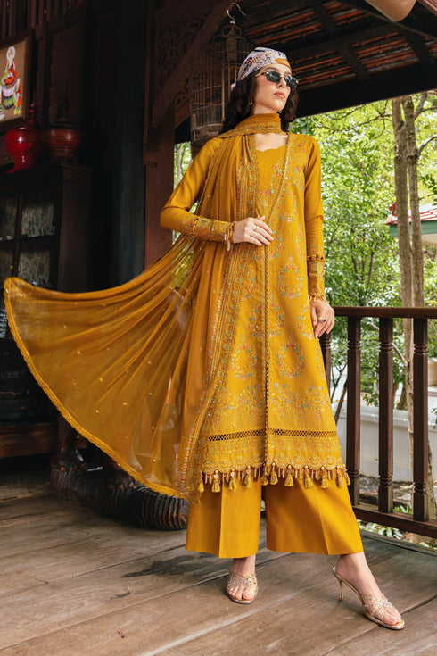 Shurooq by NAQSHI close-up of embroidered border detail, panel work and textural stitching on khaddar fabric