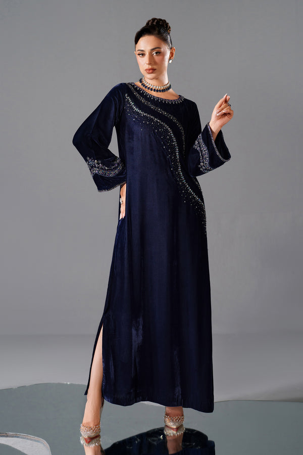 NAQSHI Ellis blue velvet pret front view — full outfit with embellished sleeves and neckline