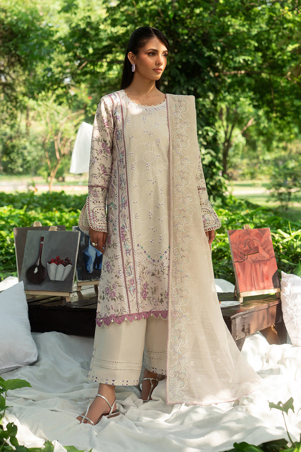 Baseera ivory lawn 3 piece ready to wear outfit with soft embroidery, cambric culotte trouser and cotton organza dupatta for summer daytime events