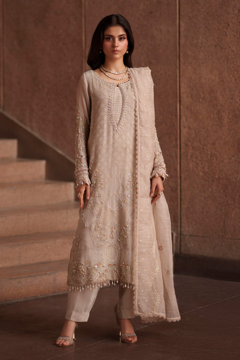 NAQSHI Minera dusty beige embroidered khadi net 3-piece luxury pret outfit with PK raw silk trousers and cotton organza dupatta from Aura collection