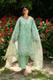 Menesa aqua green lawn 3 piece ready to wear outfit with white thread embroidery, culotte cambric trouser and digital cotton organza dupatta for summer day events