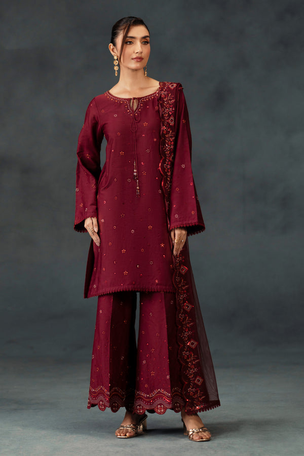 Rameena by NAQSHI full front view – maroon cotton satin 3PC set with embroidered round neckline and tassel accents