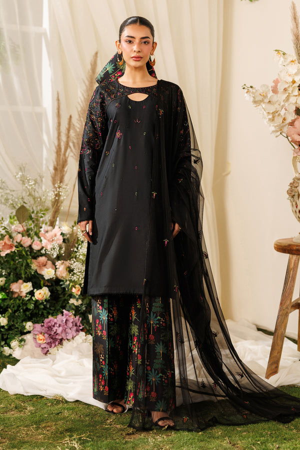 NAQSHI Halia black ready-to-wear casual outfit with cotton satin shirt, printed culotte trousers, and light net dupatta