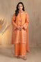 Sheikha peach 3 piece embroidered lawn suit by NAQSHI, full front view long shirt with white thread embroidery, cambric culotte trousers and crinkle dupatta, ready to wear summer outfit.