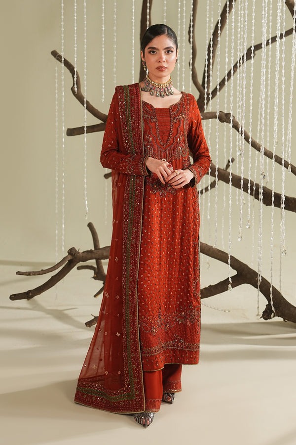 Rust orange embroidered formal long shirt with culotte and dupatta, full front view, elegant ready-to-wear outfit for weddings and festive events