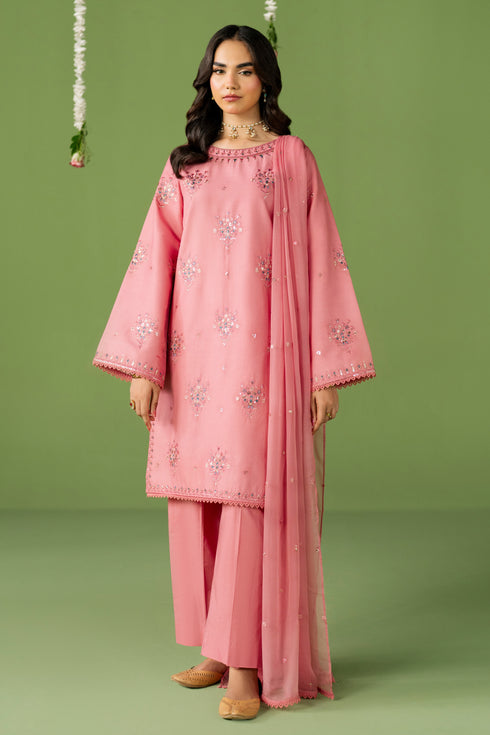 NAQSHI Saima pink ready-to-wear outfit with lawn straight shirt, cambric culotte trousers, and crinkle dupatta