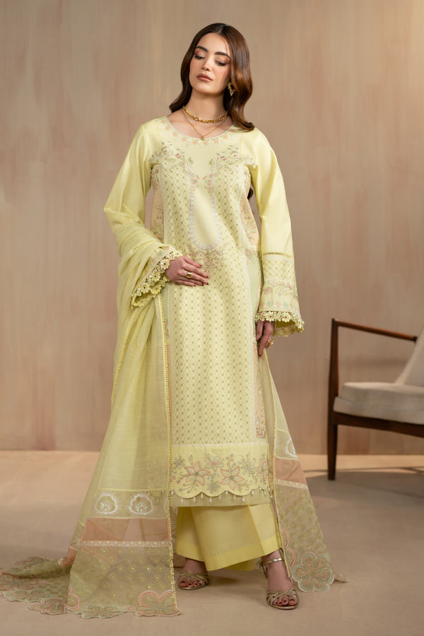 Akasha lime 3 piece embroidered lawn suit by NAQSHI, full front view long straight shirt with white thread embroidery, cambric culotte trousers and cotton organza dupatta, ready to wear summer outfit.