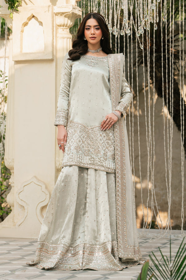 Meelina silver 3-piece tissue outfit with mirror and sequin work, formal ready-to-wear dress for weddings by NAQSHI
