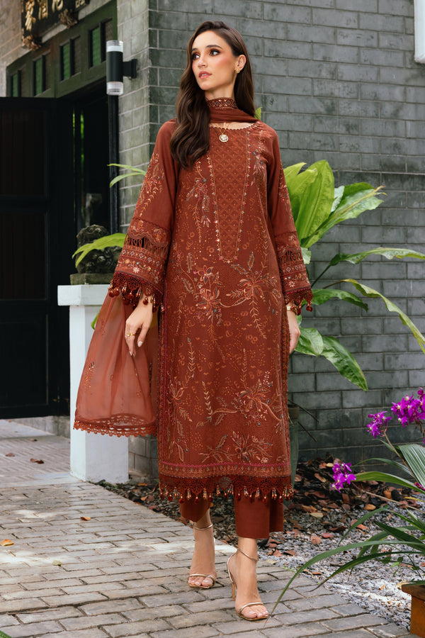 Farukh by NAQSHI full front view – brown Khaddar 3PC set with embroidered neckline and border detailing