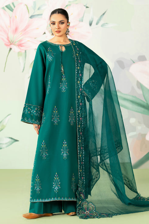 NAQSHI Ankita olive green shirt with pearl-adorned neckline, scalloped lace sleeves, straight trousers and net dupatta