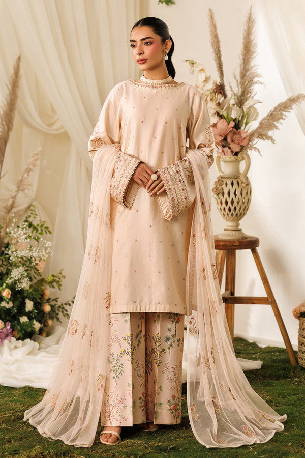 NAQSHI Rayla beige ready-to-wear outfit with cotton satin shirt, printed culotte trousers, and light net dupatta