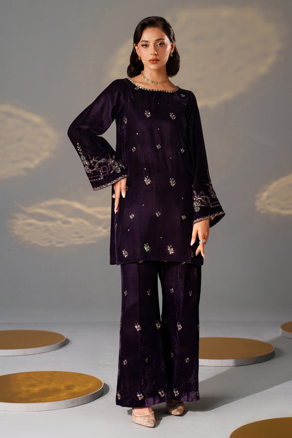 NAQSHI Valencia dark purple velvet shirt front view with embellished boat neckline