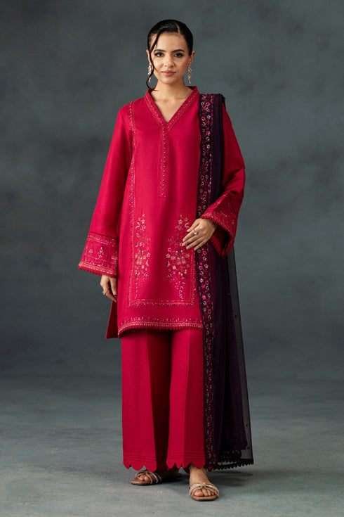 Humaira by NAQSHI front view – shocking pink & plum 3PC set with band neck embroidery and flowing dupatta