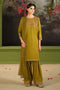 NAQSHI Umeed olive three piece ready to wear dress front view with Pima lawn embroidered shirt, cambric trouser, and net dupatta with sequin spread