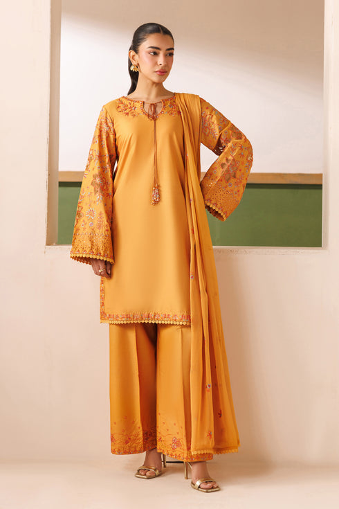 NAQSHI Lunara rust cambric ready-to-wear outfit with embroidered straight shirt, culotte trousers, and crinkle dupatta