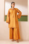 NAQSHI Lunara rust cambric ready-to-wear outfit with embroidered straight shirt, culotte trousers, and crinkle dupatta