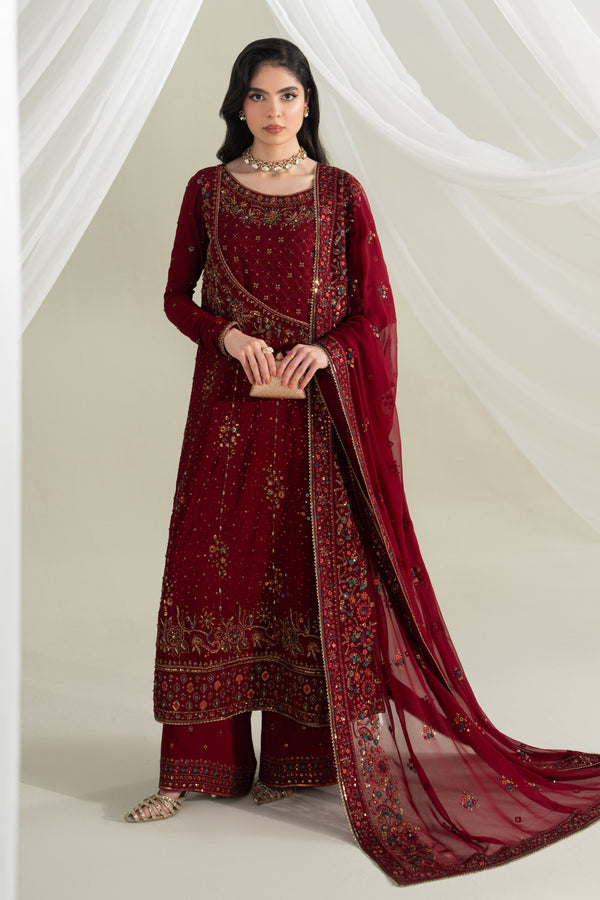 Deep red embroidered formal long shirt with culotte and dupatta, full front view, elegant ready-to-wear outfit for weddings and evening events.