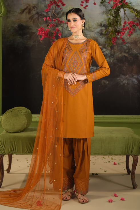 NAQSHI Ordhni rust three piece ready to wear outfit front view with embroidered Pima lawn shirt, cambric trousers, and net dupatta with sequin spread