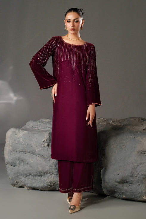 NAQSHI Elvenia maroon velvet shirt front view — embroidered boat neckline & sleeves