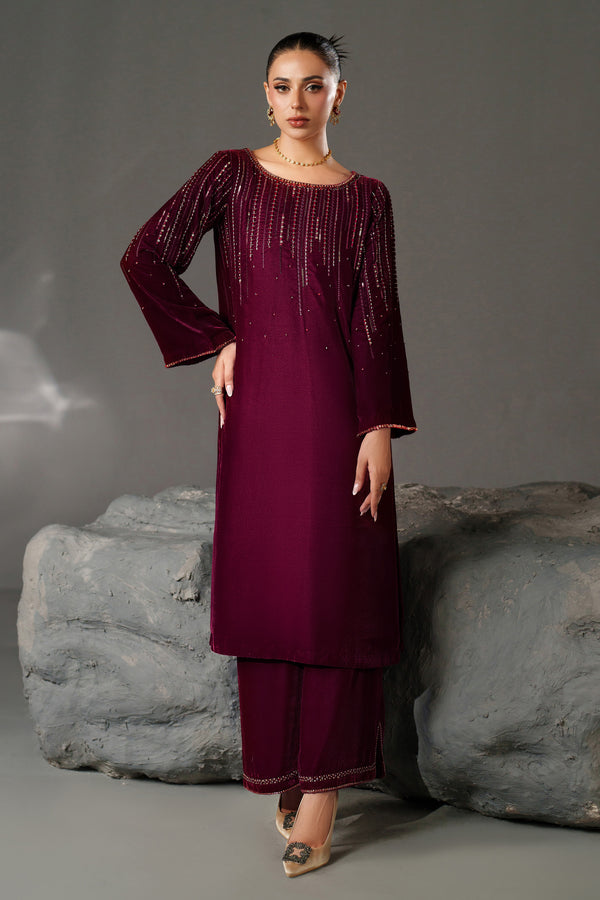 NAQSHI Elvenia maroon velvet shirt front view — embroidered boat neckline & sleeves