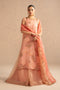 Aysun carrot peach organza 3 piece sharara suit by NAQSHI, full front view long shirt with adda work neckline, organza dupatta and flared sharara, semi formal ready to wear outfit.