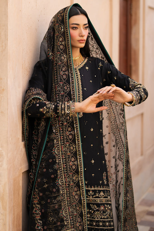 NAQSHI Gul-e-Tesnim angled shot – spray embellishment from neckline to hem with broad handwork border