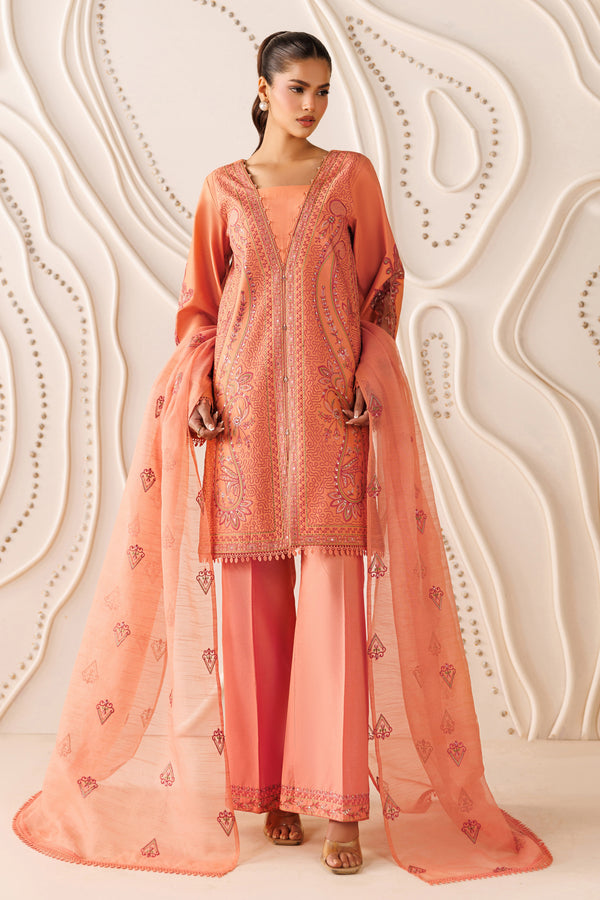 NAQSHI Flaira peach cambric ready-to-wear outfit with 12-panel embroidered shirt, culotte trouser, and cotton organza dupatta