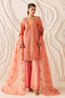 NAQSHI Flaira peach cambric ready-to-wear outfit with 12-panel embroidered shirt, culotte trouser, and cotton organza dupatta