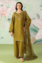 NAQSHI Radha dark olive embroidered Pima Lawn shirt with culottes and net dupatta
